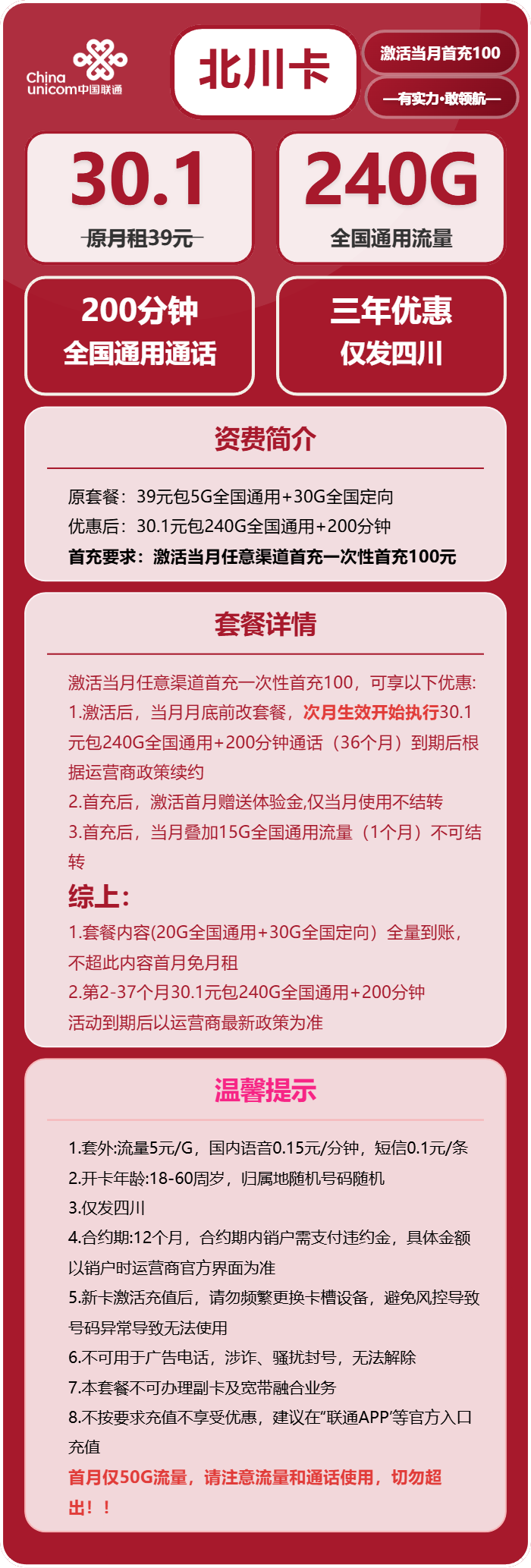 联通北川卡30.1元包240G通用+200分钟通话