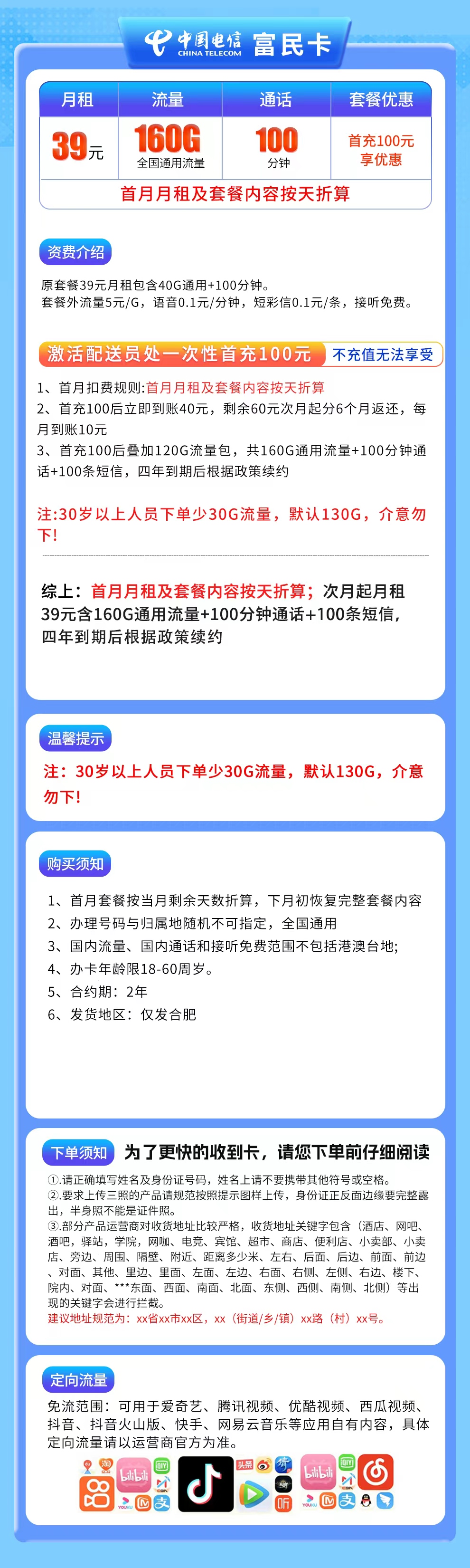 电信富民卡39元160G+100分钟【只发合肥】