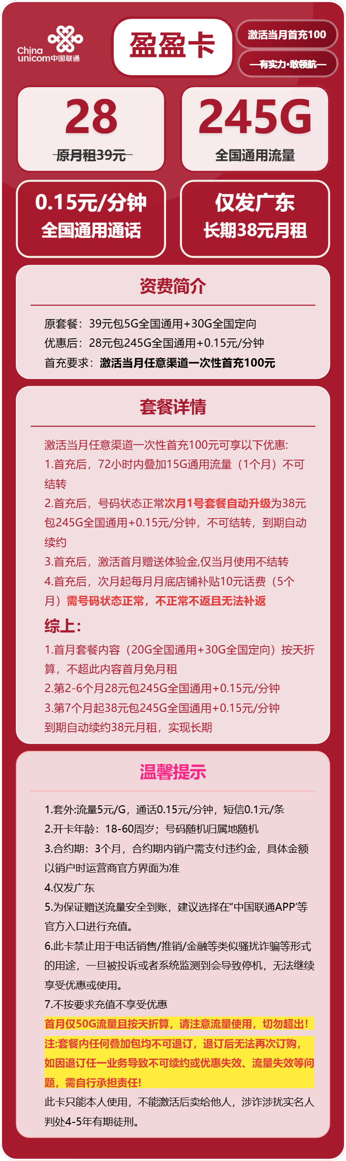 联通盈盈卡28元包245G通用+通话0.15元/分钟