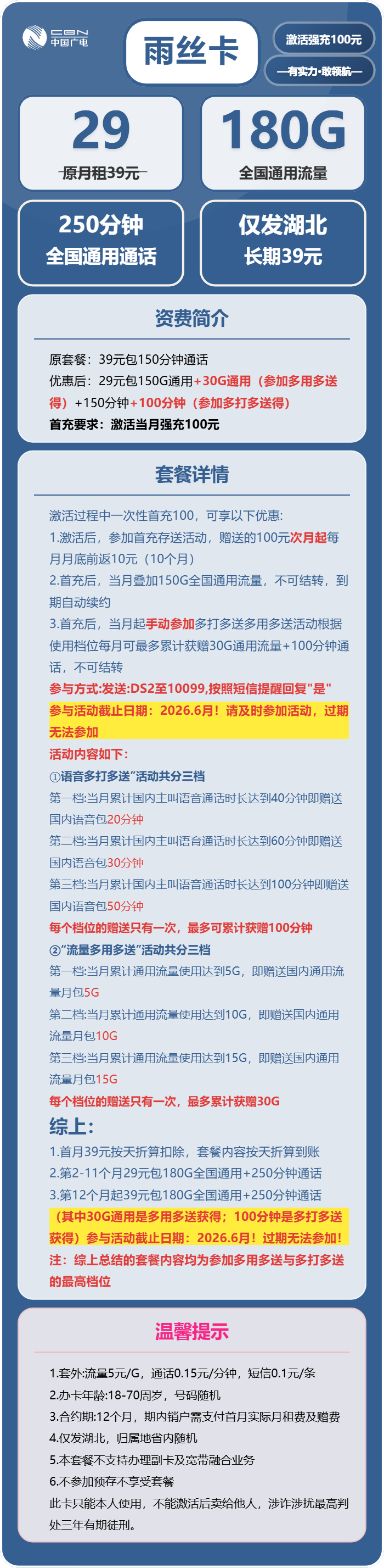 广电雨丝卡29元包180G通用+250分钟通话