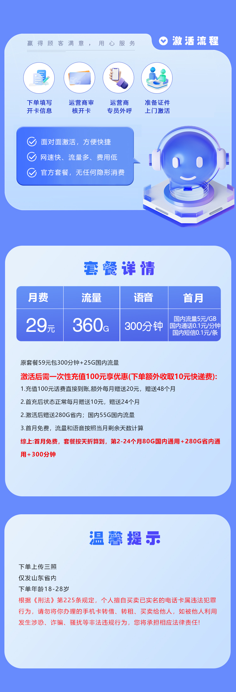 山东移动限量卡29元360G+300分钟
