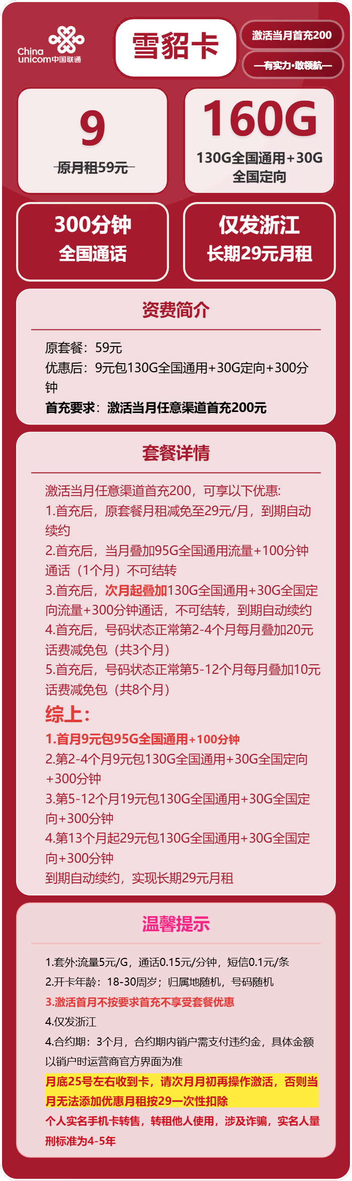 联通雪貂卡9元包130G通用+30G定向+300分钟通话