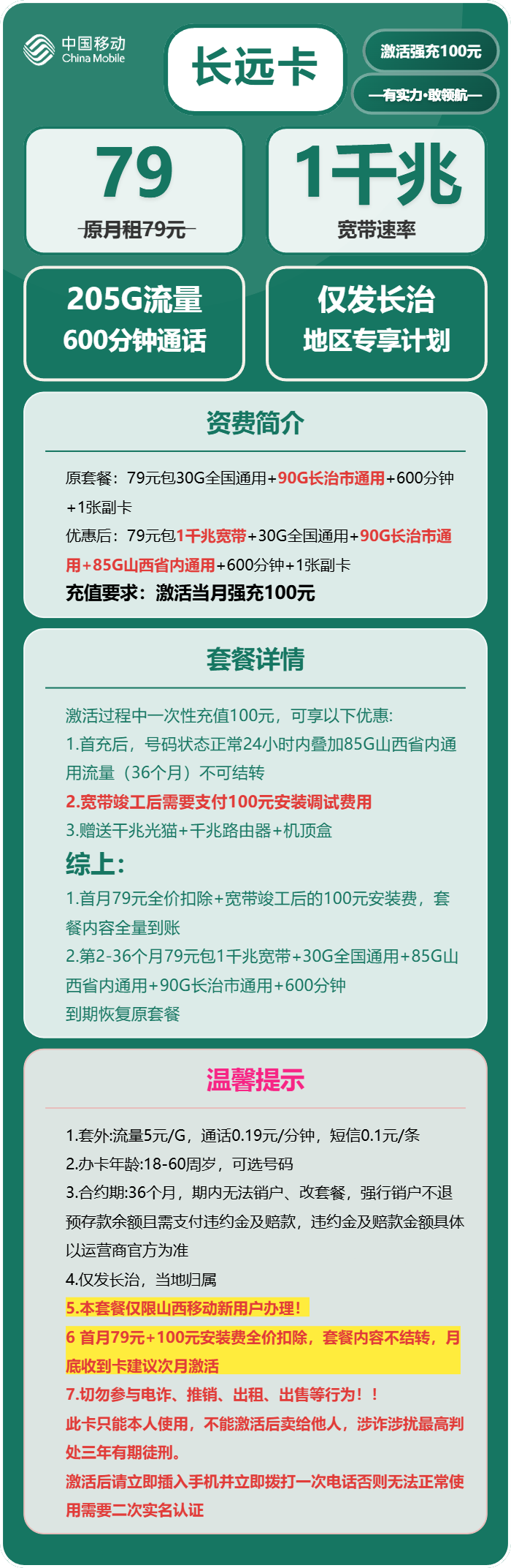 移动长远卡79元包205G+600分钟+1000M宽带