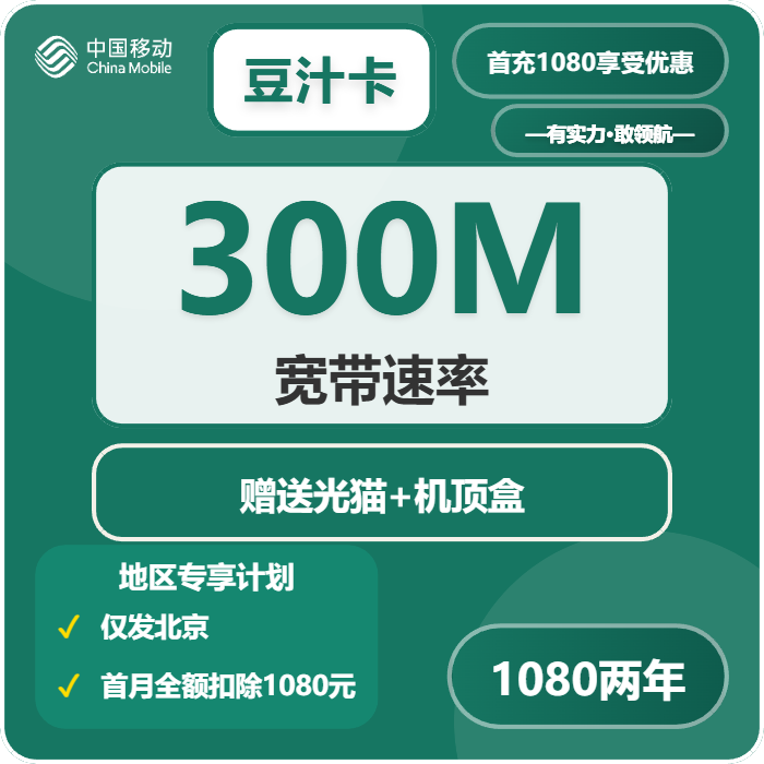 移动豆汁卡1080元包2年单宽带300M