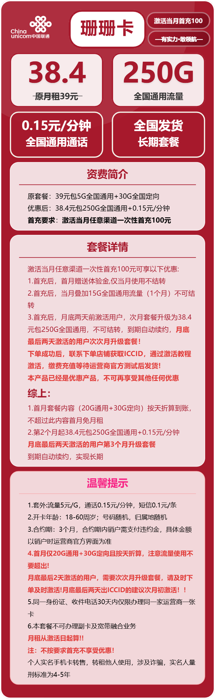 联通珊珊卡38.4元包250G通用+通话0.15元/分钟