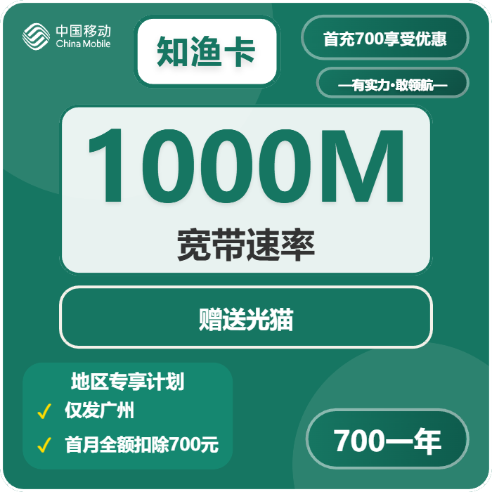 移动知渔卡700元包1年单宽带1000M