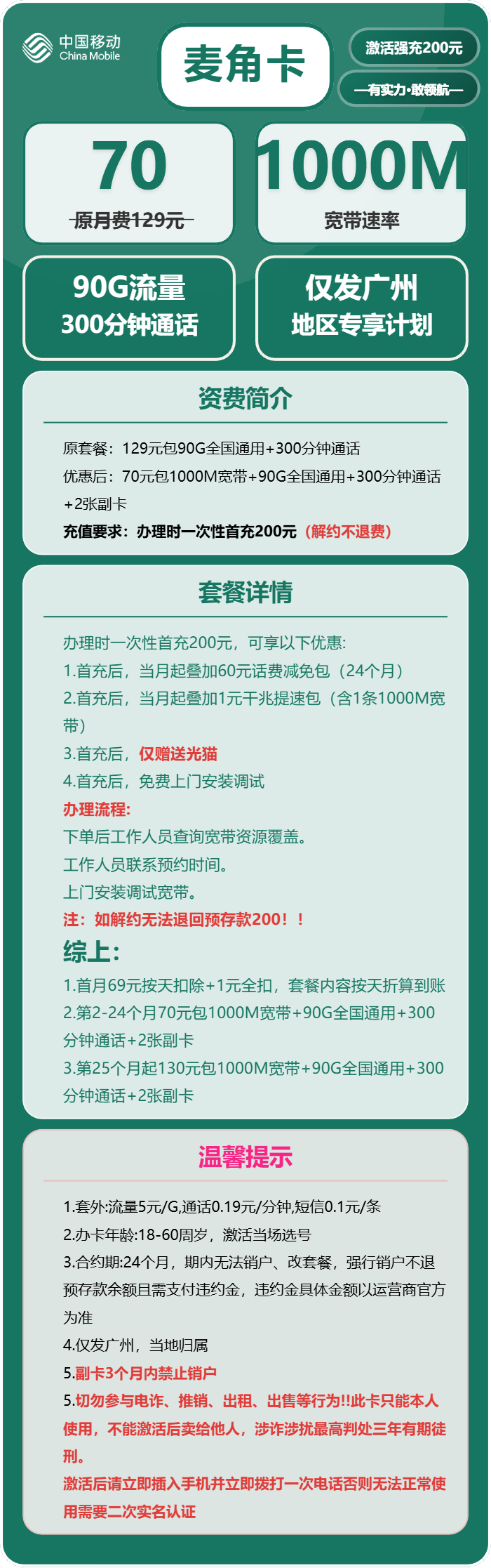 移动麦角卡70元包90G通用+300分钟+宽带1000M