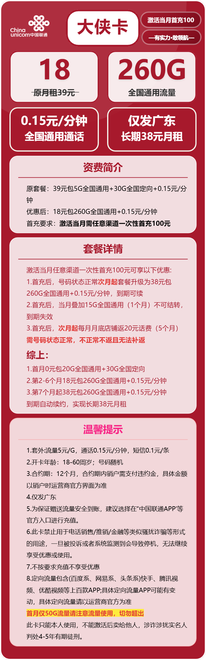 联通大侠卡18元包260G通用+通话0.15元/分钟
