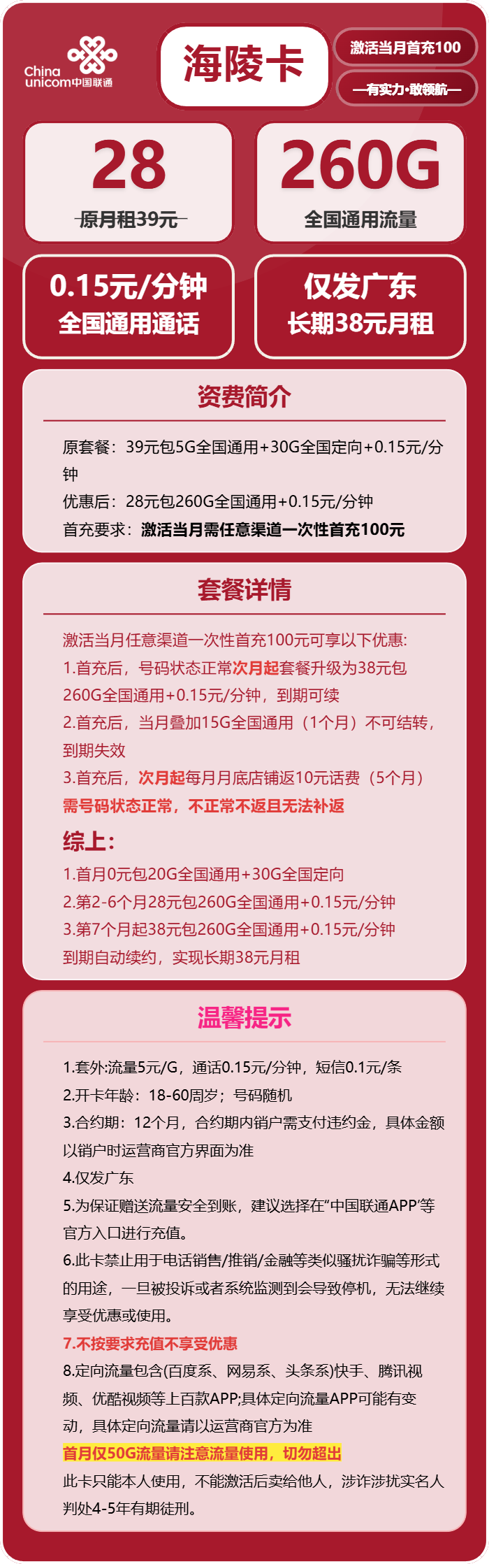 联通海陵卡28元包260G通用+通话0.15元/分钟