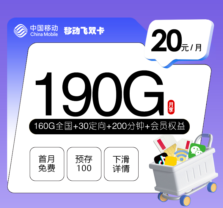 移动飞双卡20元190G+200分钟+会员
