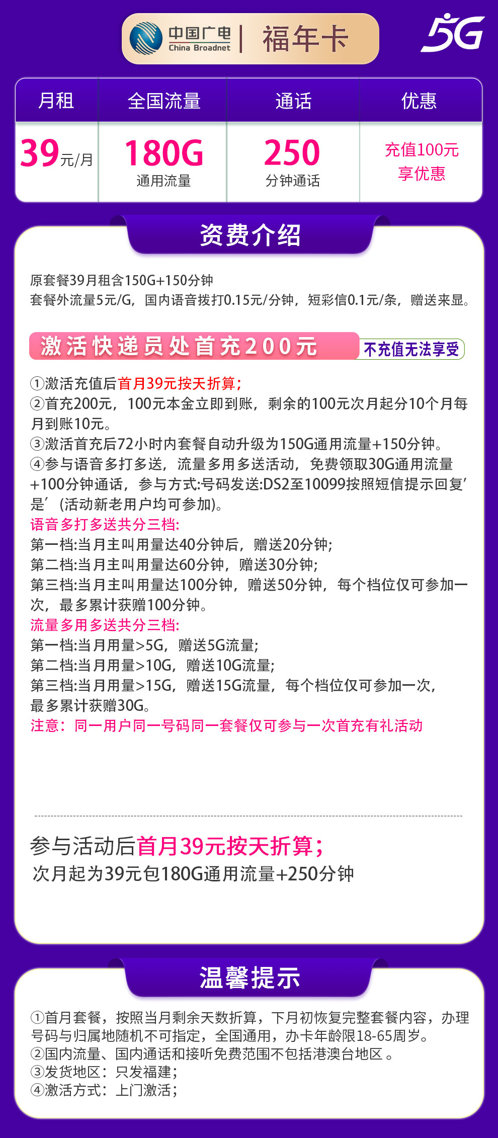 广电福年卡39元180G+250分钟【只发福建】