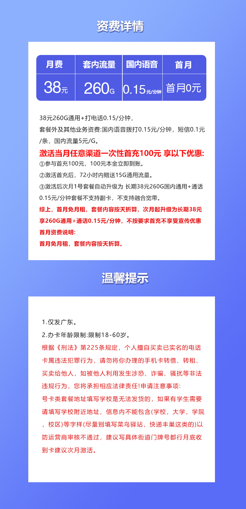 广东联通省内卡38元260G