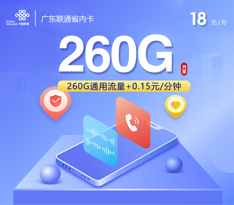 广东联通省内卡18元260G