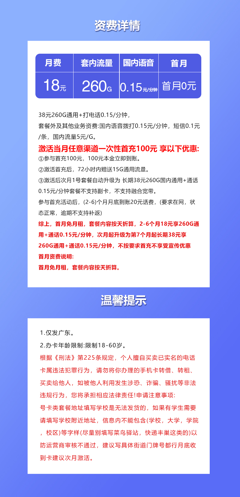 广东联通省内卡18元260G