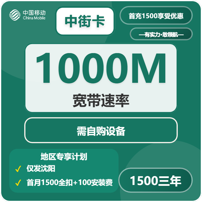 移动中街卡1500元包3年单宽带1000M