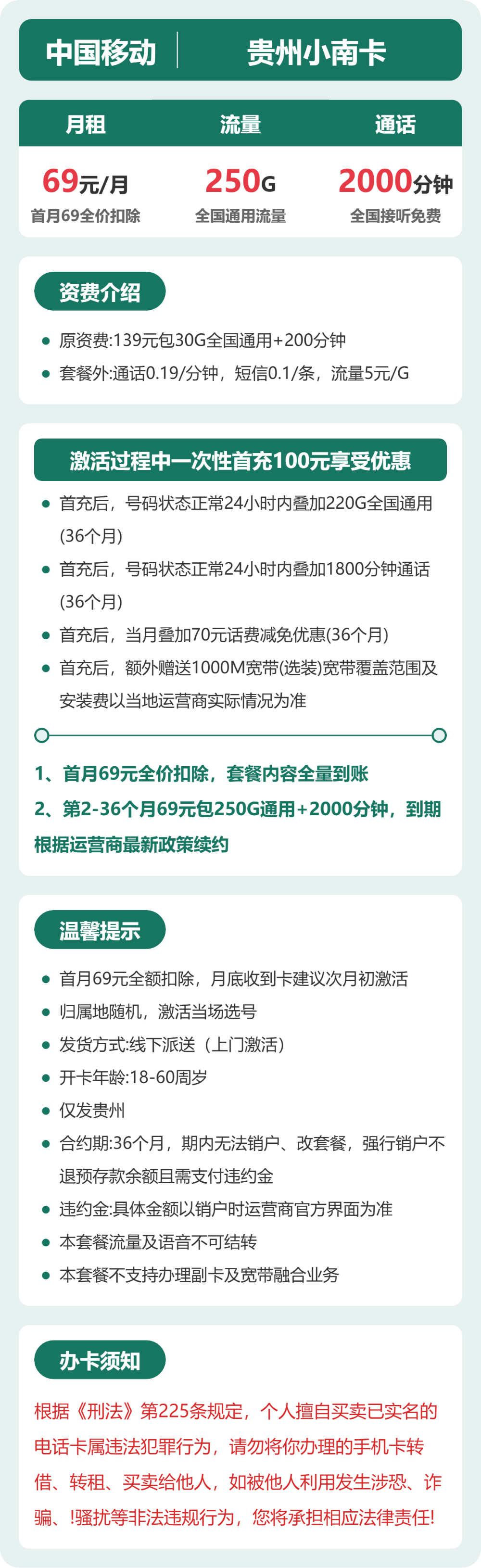 移动小南卡69元包250G通用+2000分钟通话