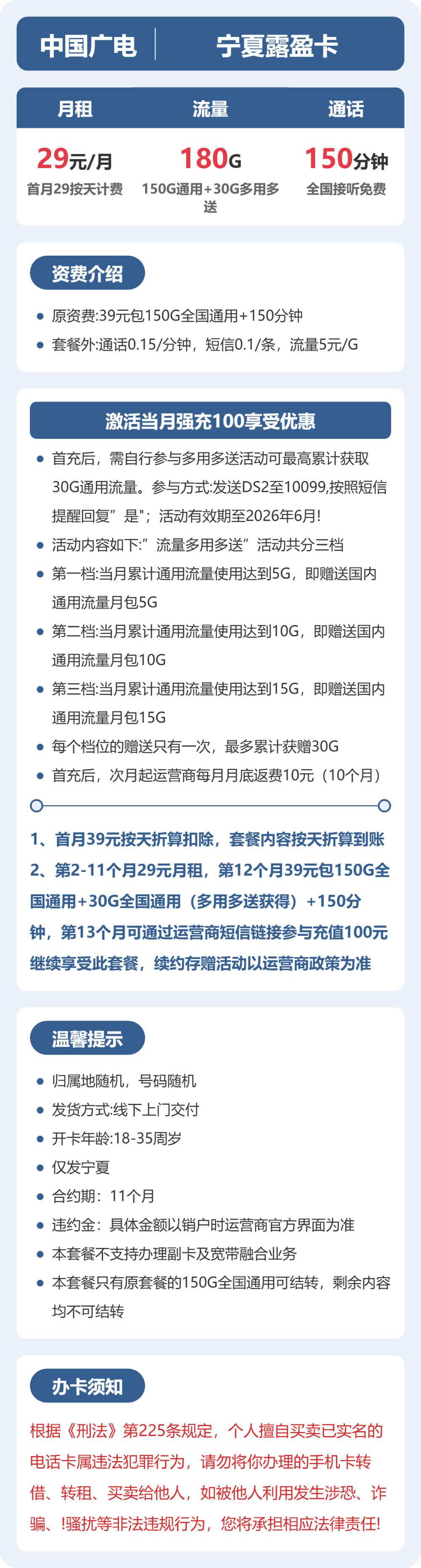 广电露盈卡29元包180G通用+150分钟通话