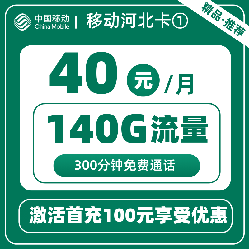 移动河北卡①40元140G+300分钟