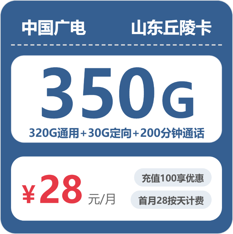 广电山东丘陵卡28元包350G+200分钟
