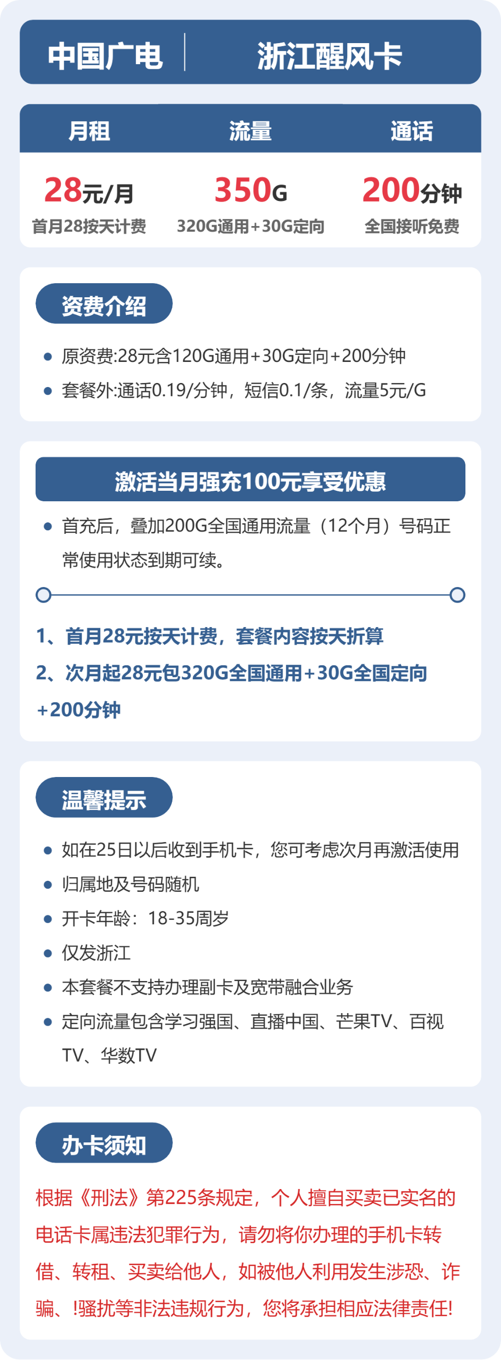 广电浙江醒风卡28元包350G+200分钟