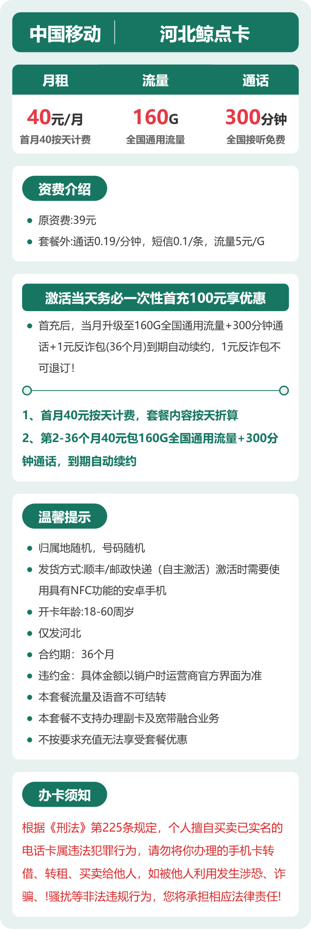 移动河北鲸点卡40元包160G+300分钟