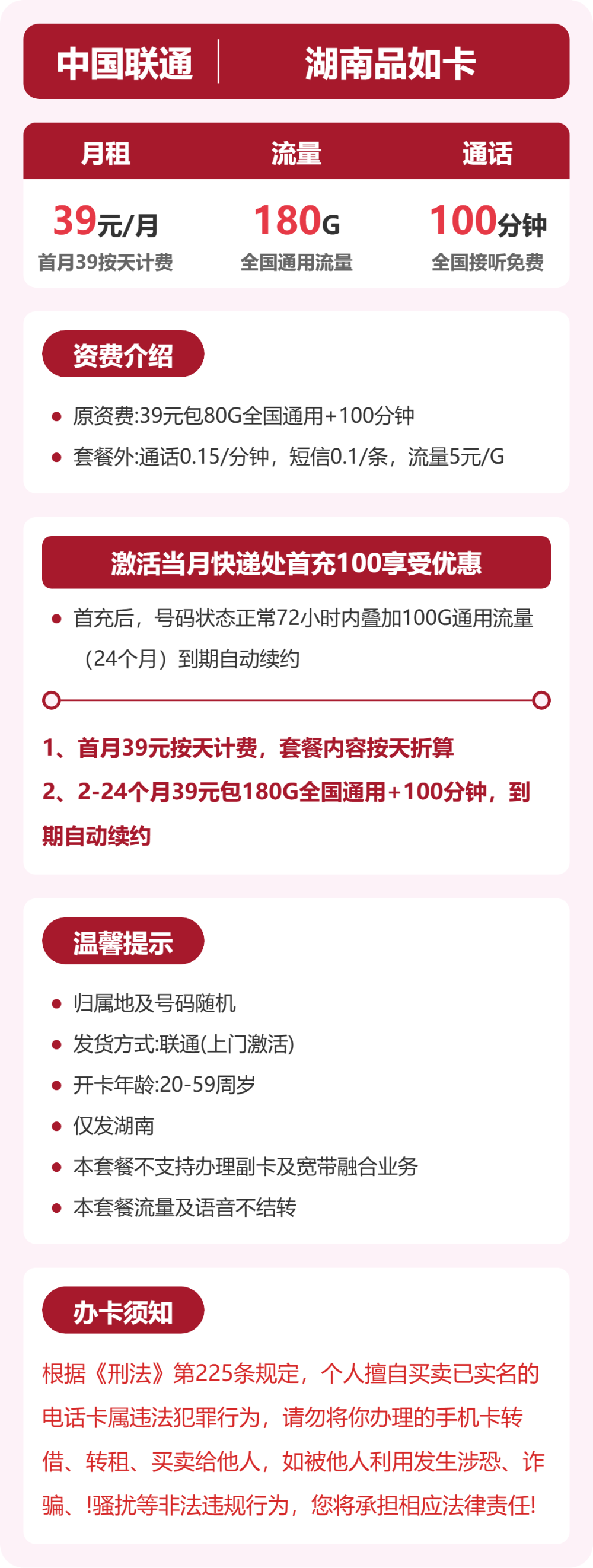 联通湖南品如卡39元包180G+100分钟