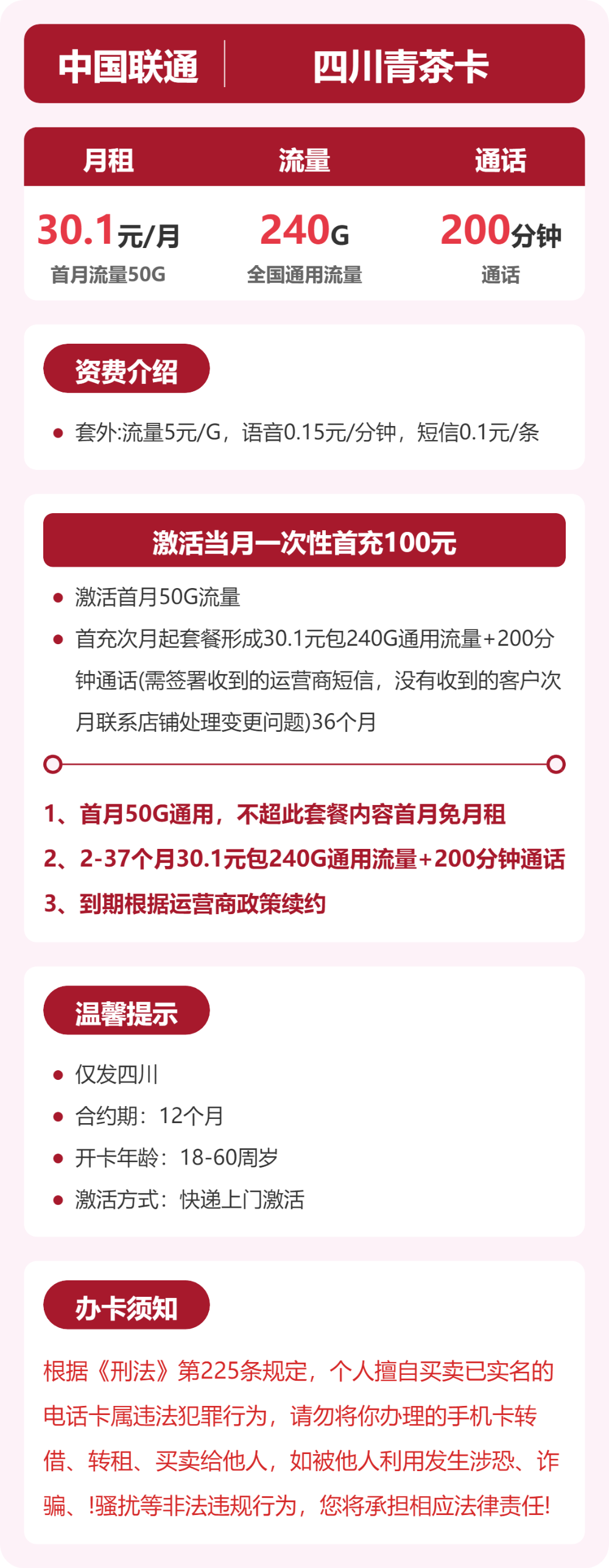 联通四川青茶卡30.1元包240G+200分钟