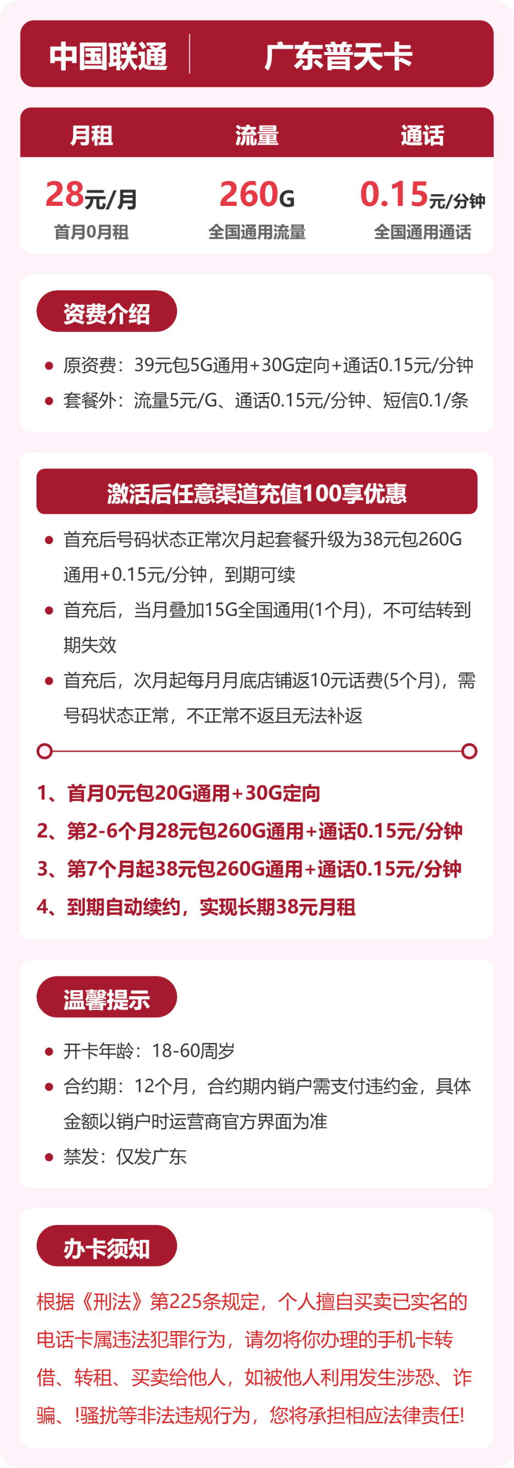 联通广东普天卡28元包260G+0.15元/分钟