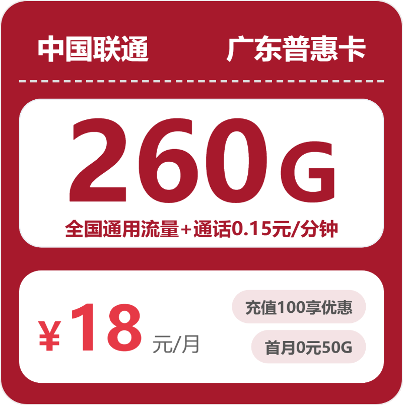 联通广东普惠卡18元包260G+0.15元/分钟