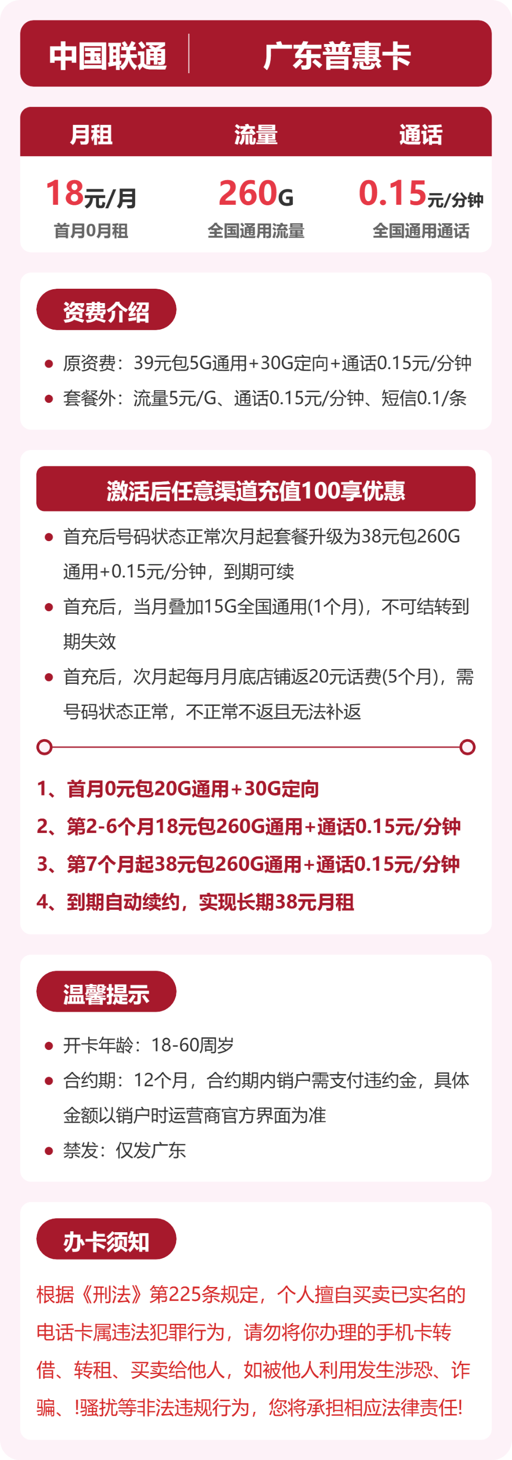 联通广东普惠卡18元包260G+0.15元/分钟