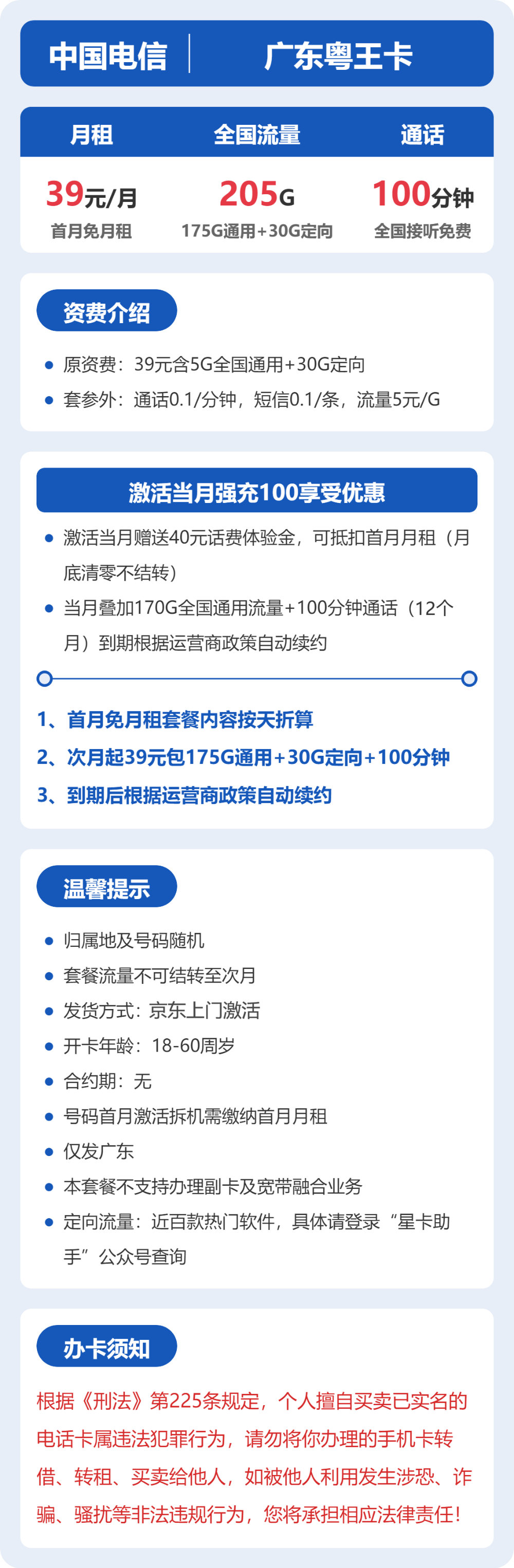 电信广东粤王卡39元包205G+100分钟