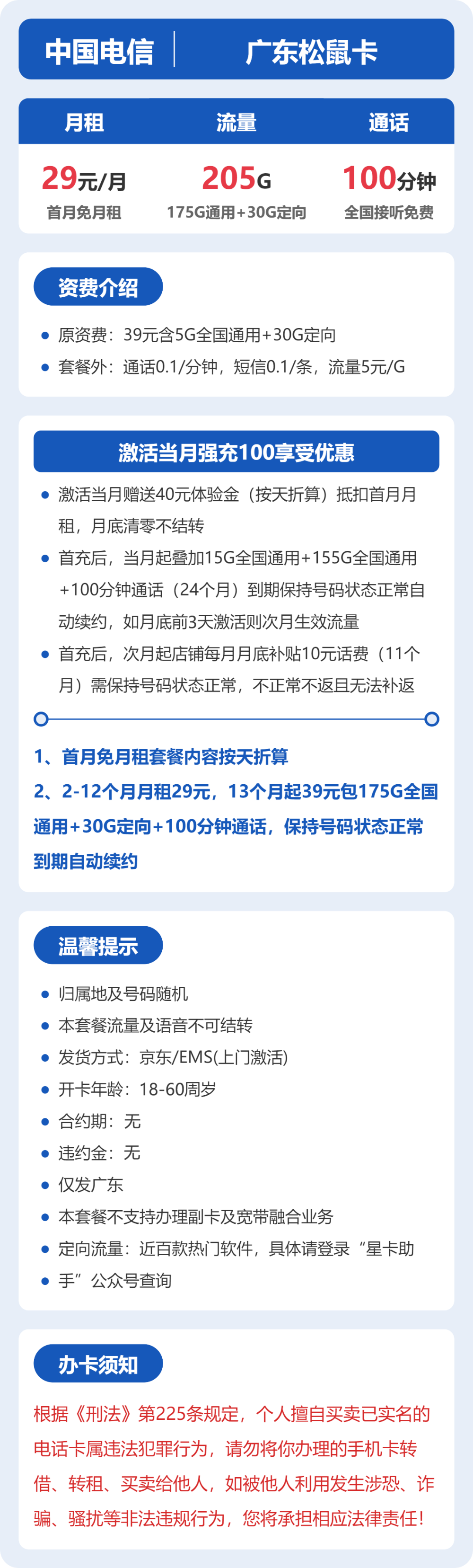 电信广东松鼠卡29元包205G+100分钟