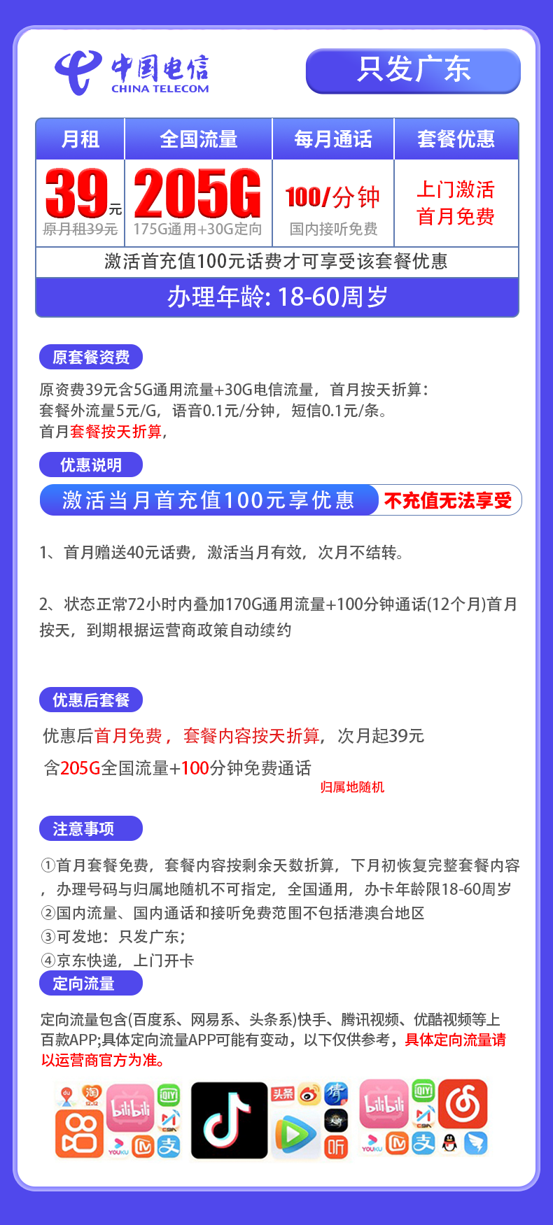 电信广东松烟卡19元包205G+100分钟