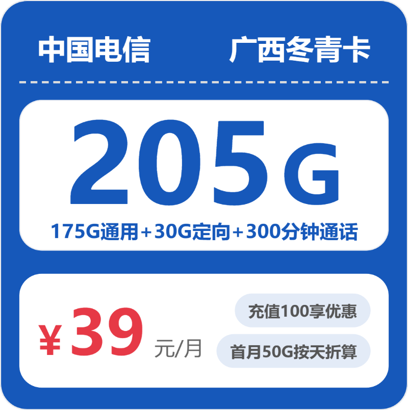 电信广西冬青卡39元包205G+300分钟