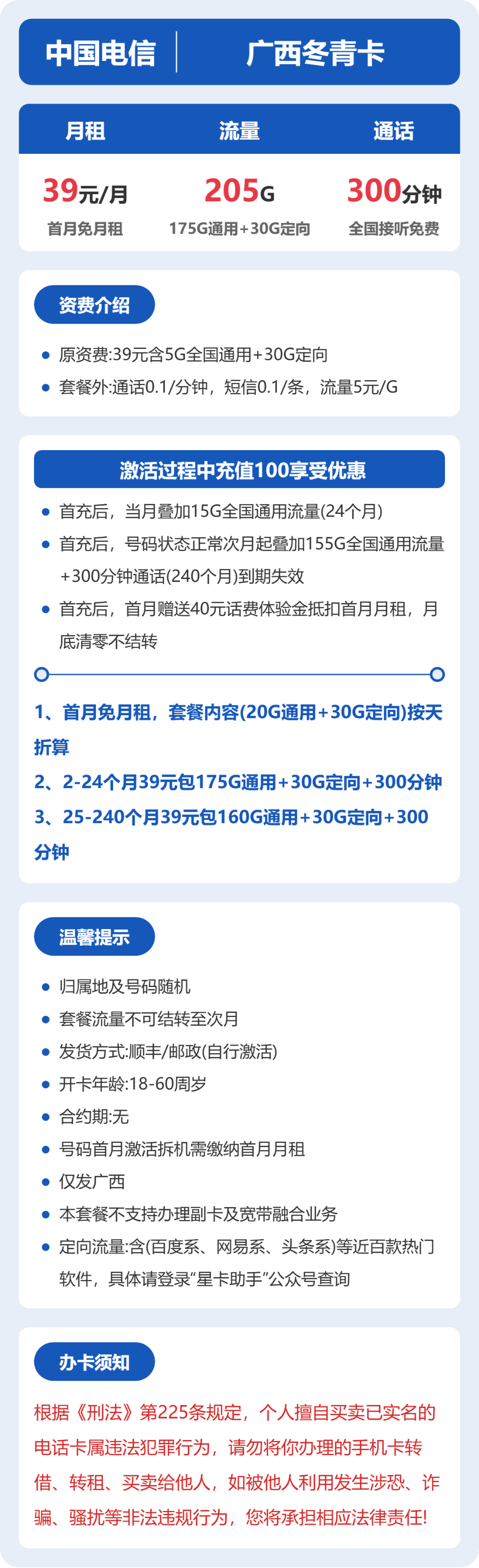电信广西冬青卡39元包205G+300分钟