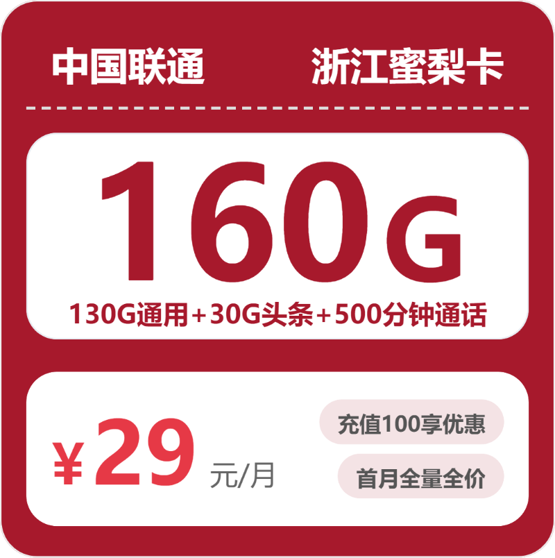 联通浙江蜜梨卡29元包160G+500分钟+会员