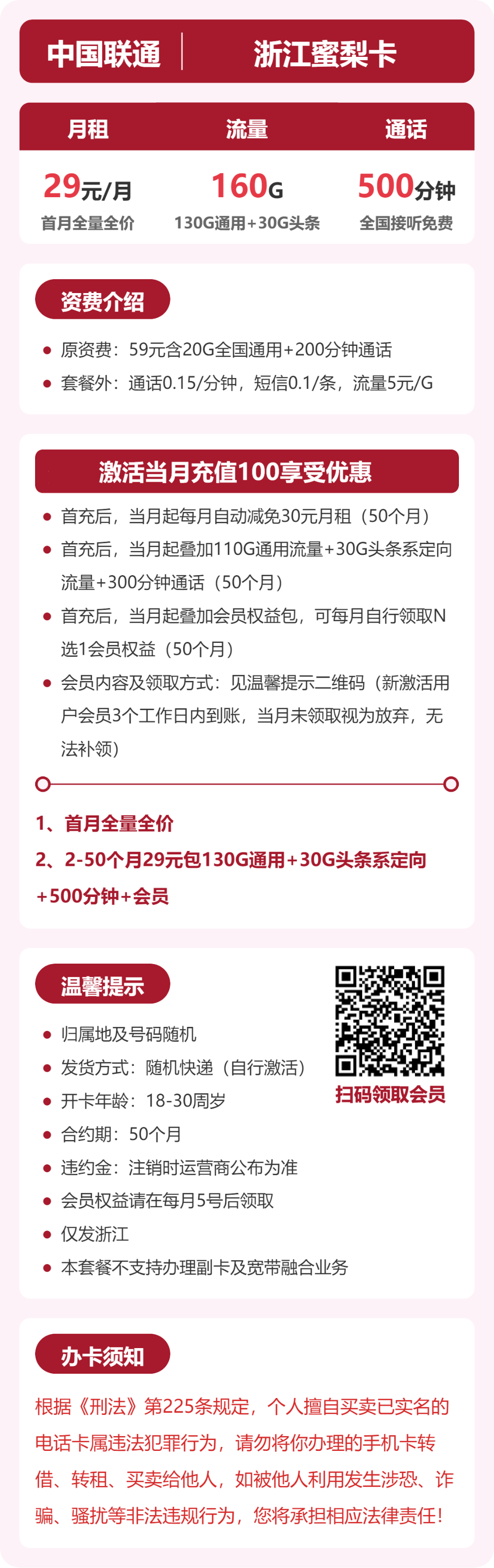 联通浙江蜜梨卡29元包160G+500分钟+会员