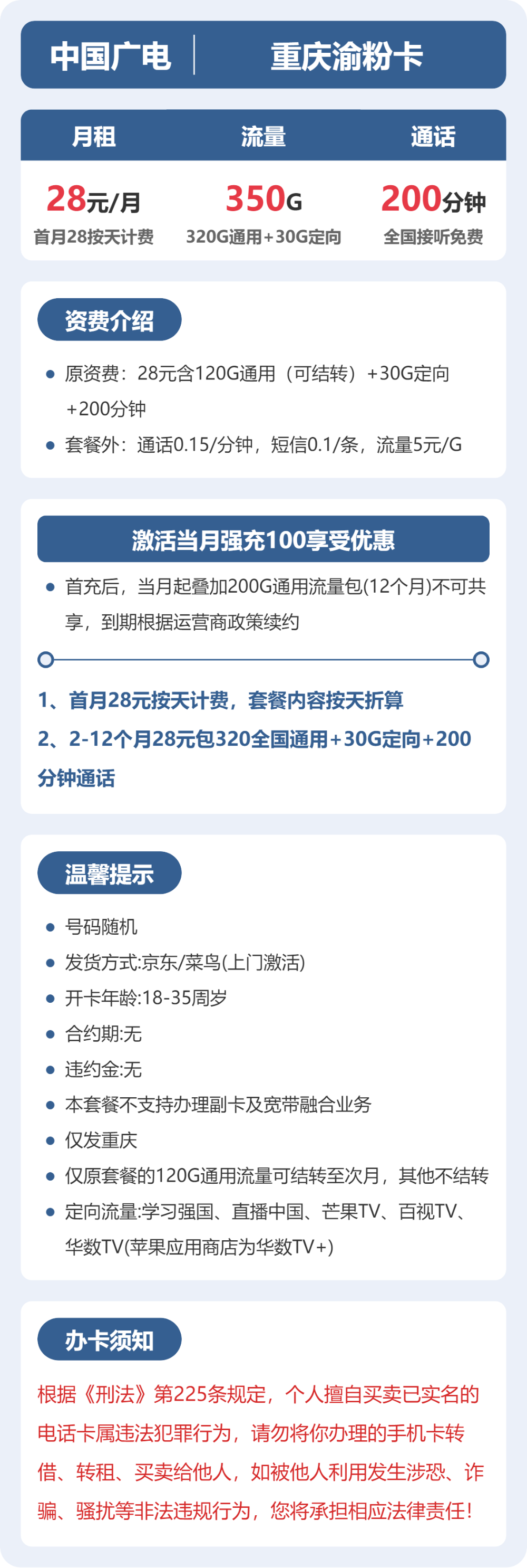广电重庆渝粉卡28元包350G+200分钟
