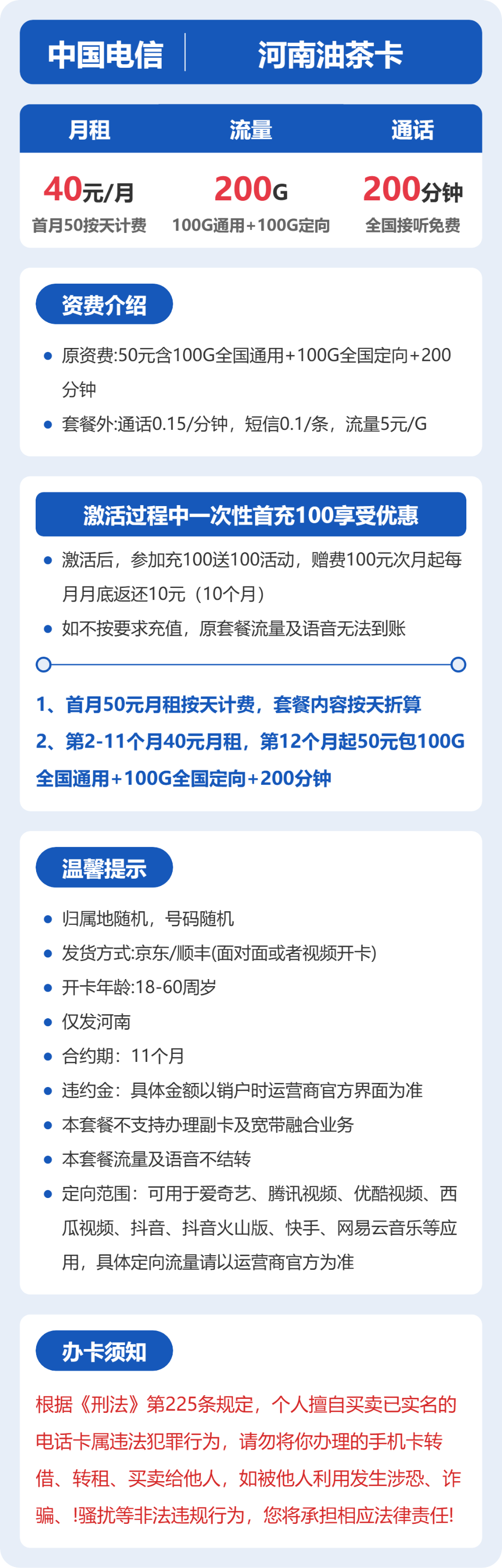 电信河南油茶卡40元包200G+200分钟