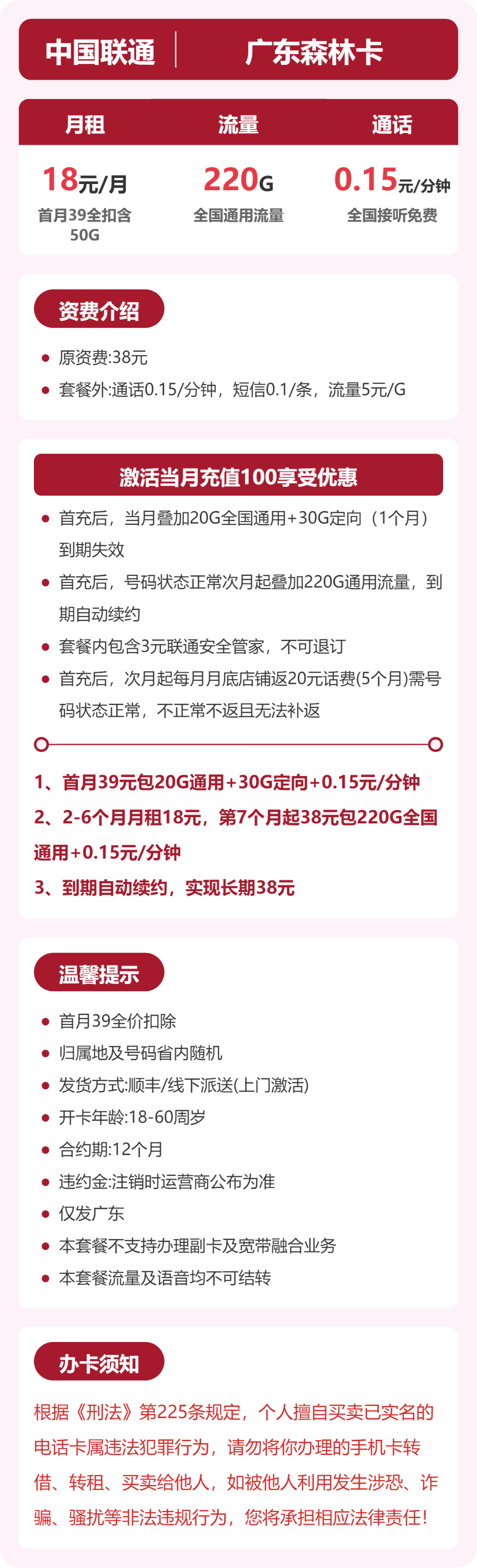 联通广东森林卡18元包220G+0.15元/分钟