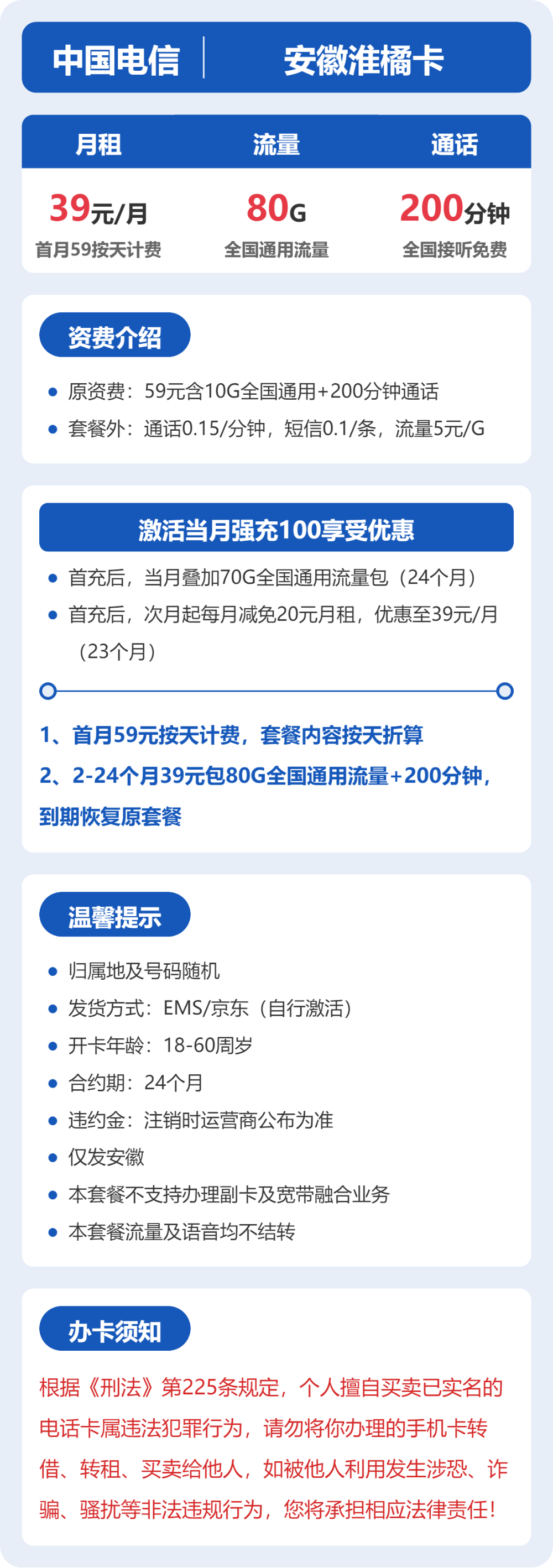 电信安徽淮橘卡39元包80G+200分钟