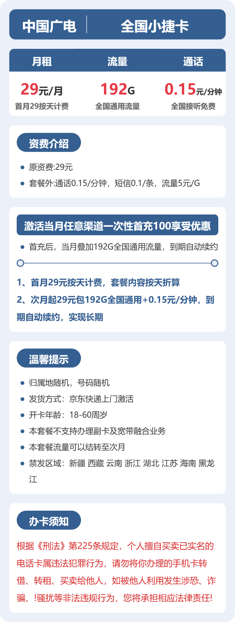 广电全国小捷卡29元包192G+0.15元/分钟