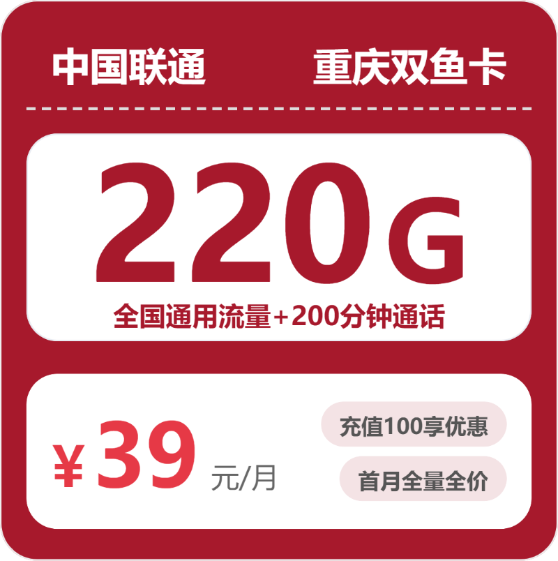 联通重庆双鱼卡39元包220G+200分钟