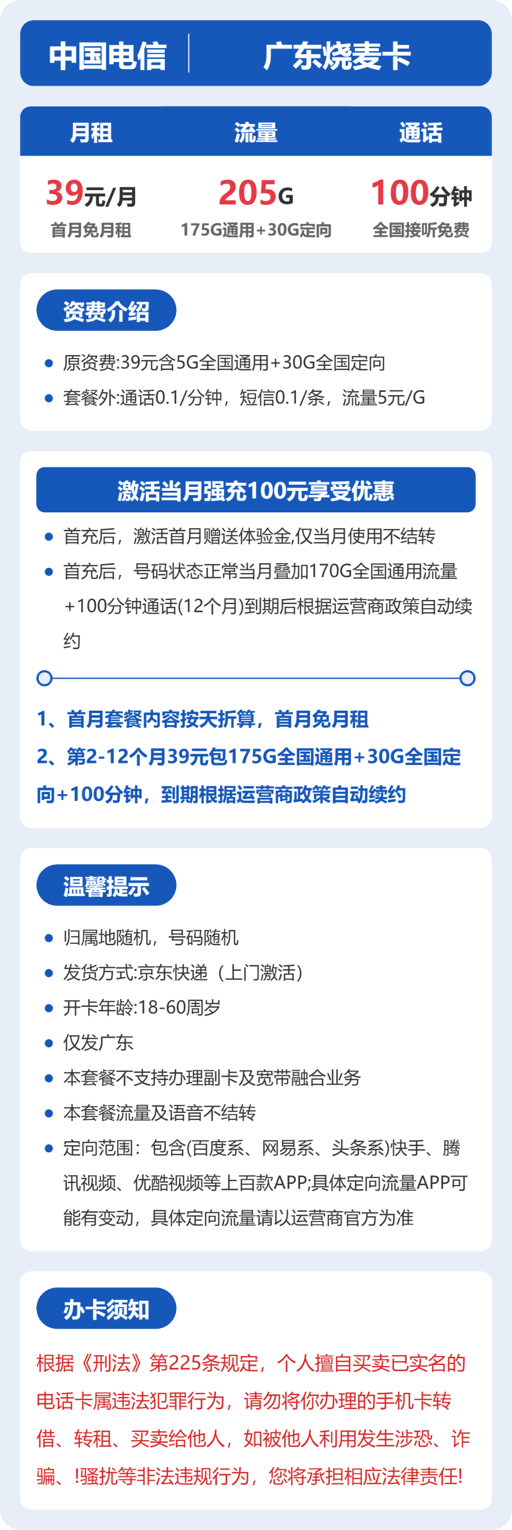 电信广东烧麦卡39元包205G+100分钟