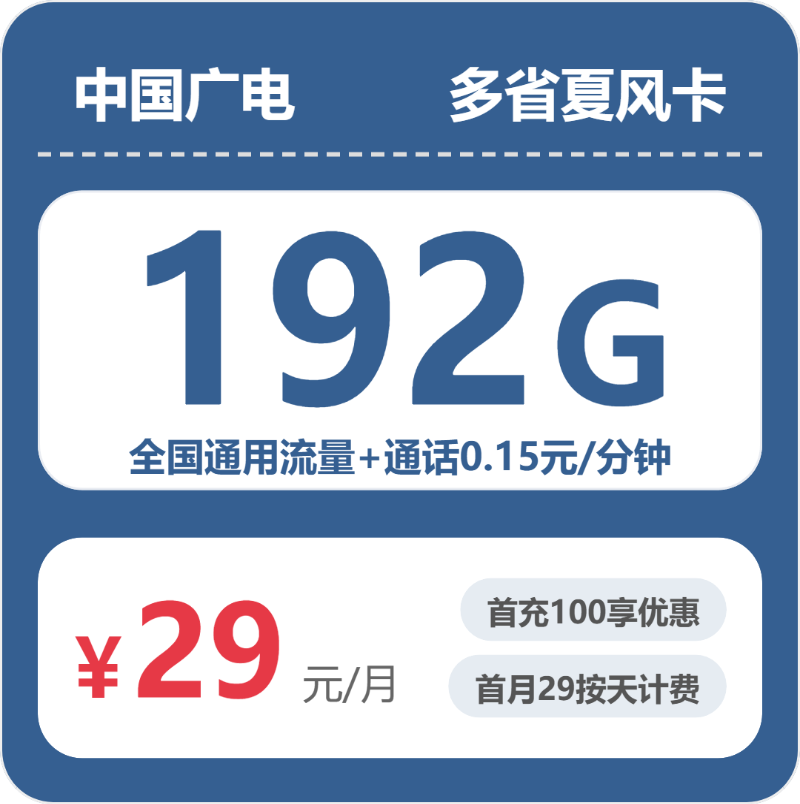 广电多省夏风卡29元包192G+0.15元/分钟