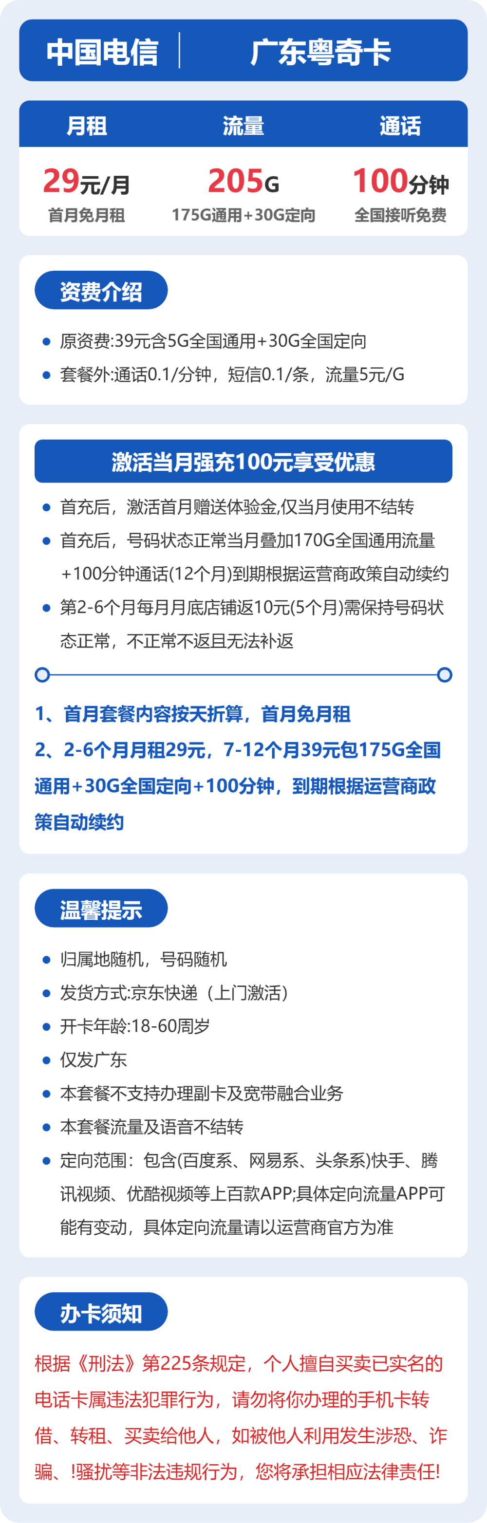 电信广东粤奇卡29元包205G+100分钟