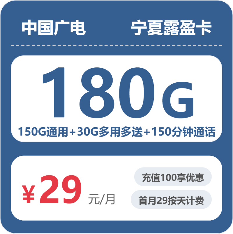 广电宁夏露盈卡29元包180G+150分钟