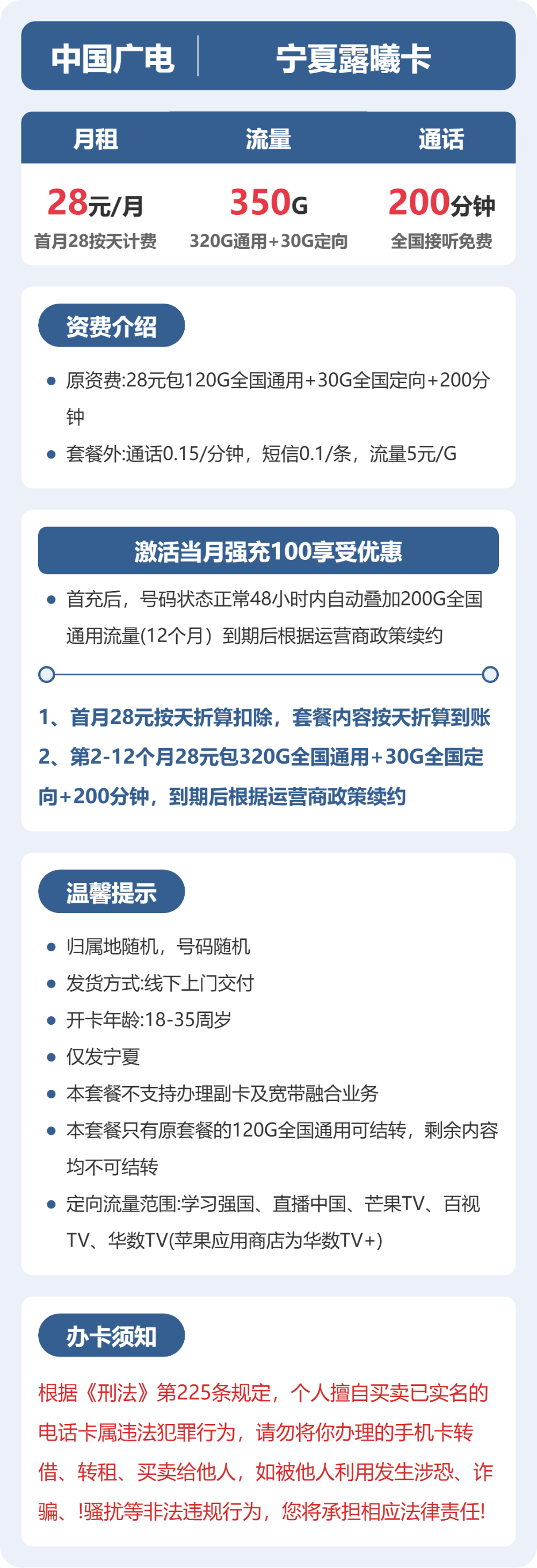 广电宁夏露曦卡28元包350G+200分钟