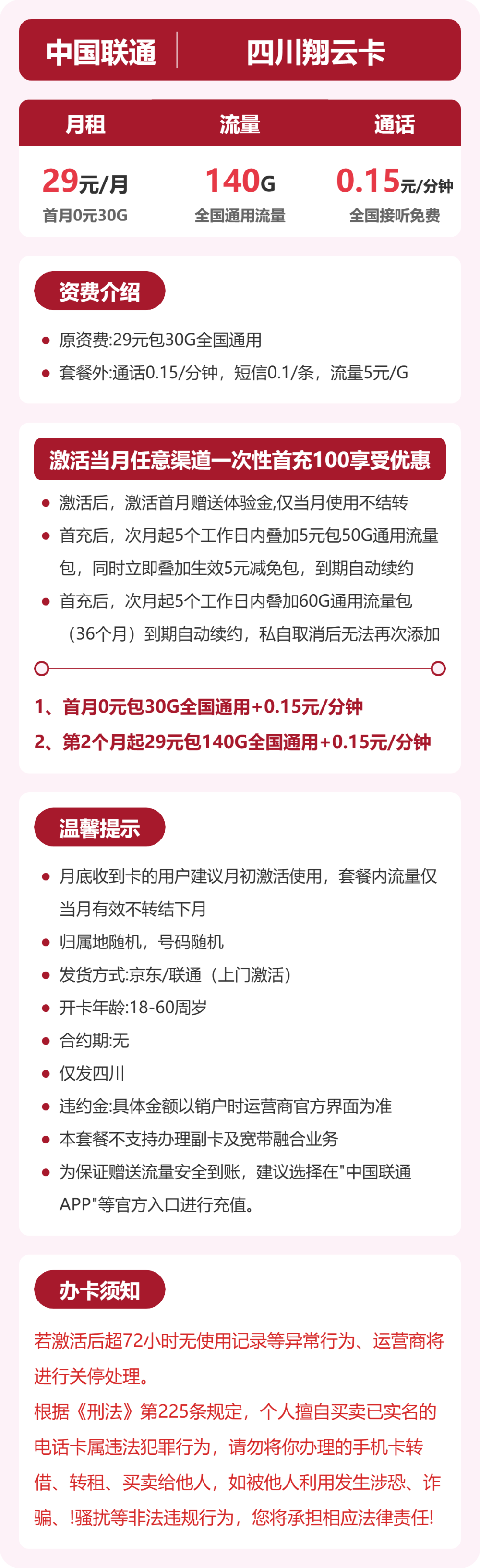 联通四川翔云卡29元包140G+0.15元/分钟