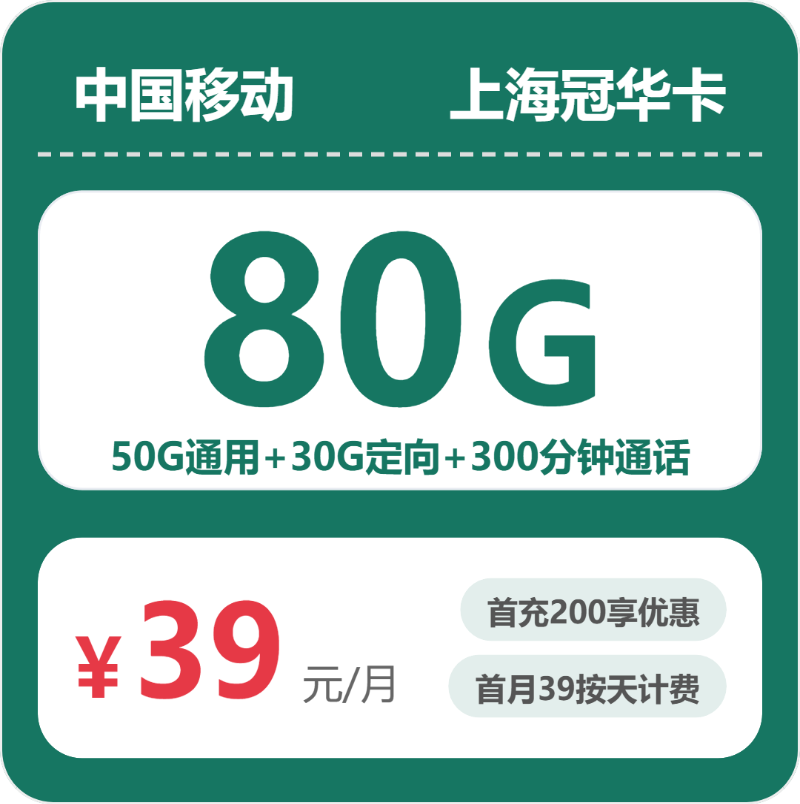 移动上海冠华卡39元包80G+300分钟